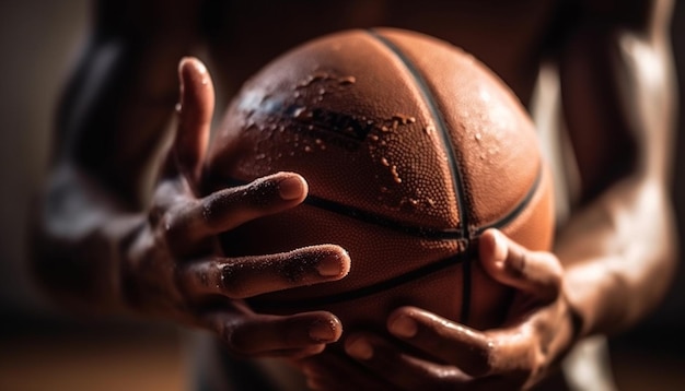 Foto jugador de baloncesto africano sosteniendo el balón practicando regates con confianza generada por ia