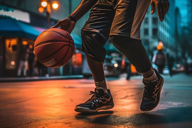 Un jugador de baloncesto bota una pelota de baloncesto en la calle.