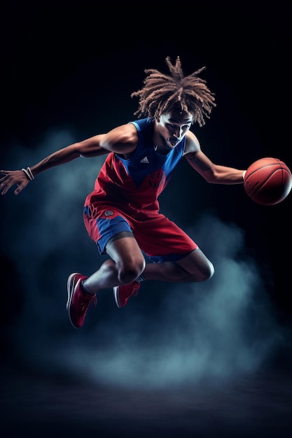 Un jugador de baloncesto con una camiseta azul con la palabra adidas.