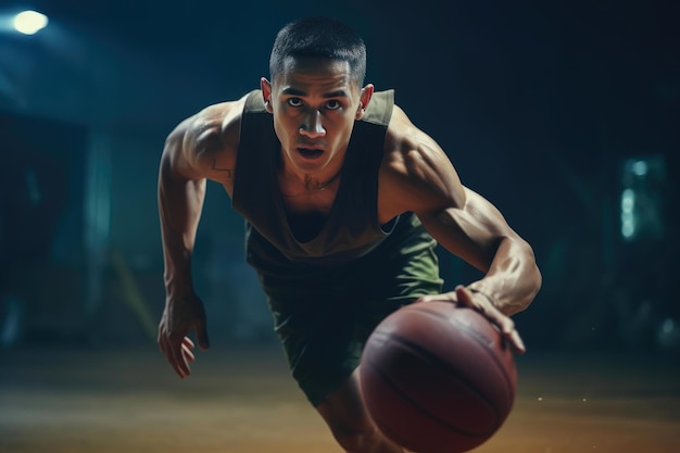 Jugador de baloncesto decidido con la pelota en la mano