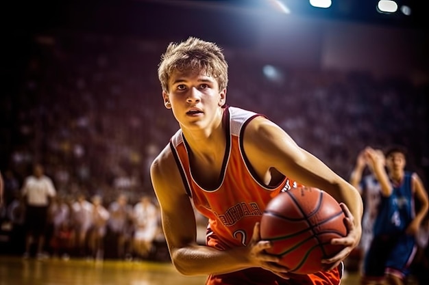 Un jugador de baloncesto dribló hábilmente la pelota en la cancha