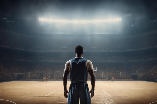 Un jugador de baloncesto está de pie frente a un gran estadio lleno de aficionados.