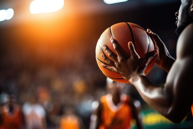 Foto jugador de baloncesto étnico de cultivo con pelota jugando en un campo deportivo iluminado