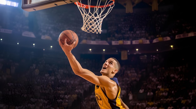 Jugador de baloncesto haciendo un slam dunk en una arena llena