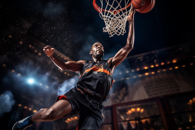 Foto jugador de baloncesto masculino jugando baloncesto en una cancha de baloncesto cubierta llena de gente sobre un fondo de estilo bokeh