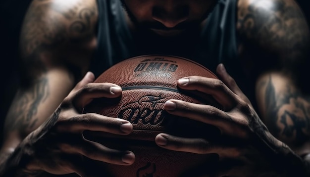 Jugador de baloncesto musculoso ejerciendo determinación con confianza en una foto de estudio generada por IA