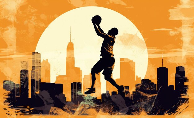 Jugador de baloncesto rebotando con un estilo fascinante en el entorno de la ciudad IA generativa