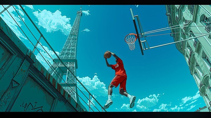 Un jugador de baloncesto salta en el aire para disparar una pelota de baloncestro