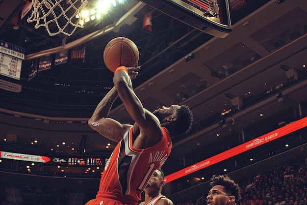 Un jugador de baloncesto sumergiendo un baloncesto en el aire