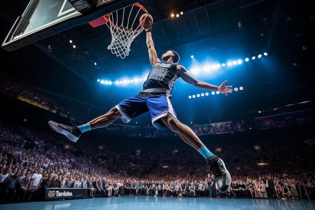 Jugador de baloncesto volando por el aire para un slam dunk con el aro y la multitud en el fondo AI generativa