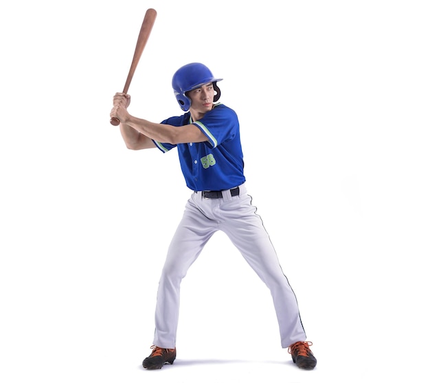 Jugador de béisbol en acción y aislado en blanco