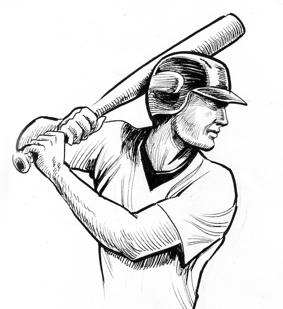 Jugador de béisbol con bate. Dibujo a tinta en blanco y negro