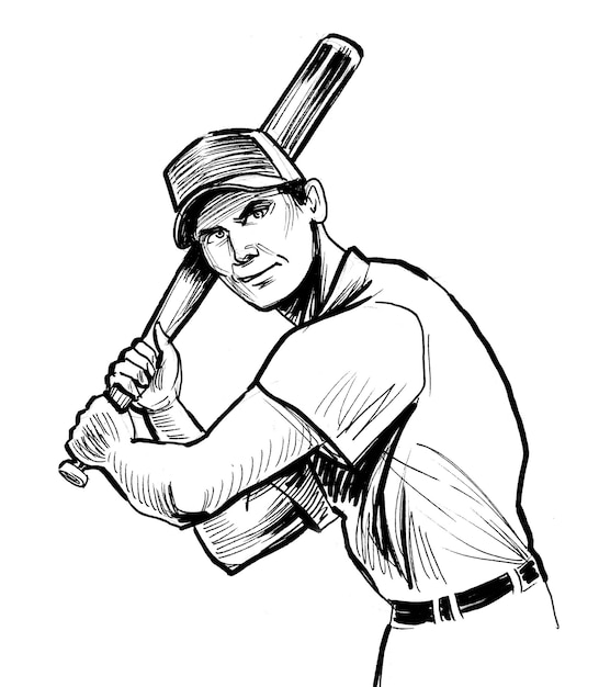 Jugador de béisbol con bate. Dibujo a tinta en blanco y negro