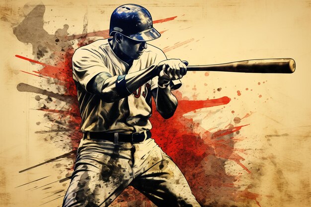 jugador de béisbol con bate, estilo retro, tinta dibujada a mano sobre papel y coloreada a mano en tableta