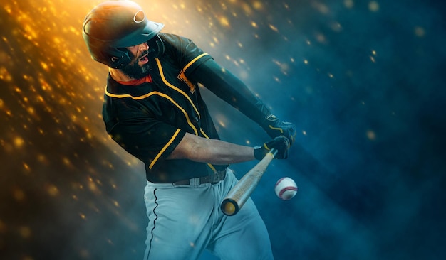 Jugador de béisbol con bate tomando un golpe en el gran jugador de pelota de arena en fondo oscuro en acción