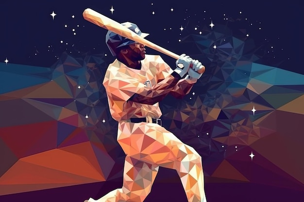 Jugador de béisbol en una ilustración de estilo de poli baja de energía de galaxia warp generativa ai