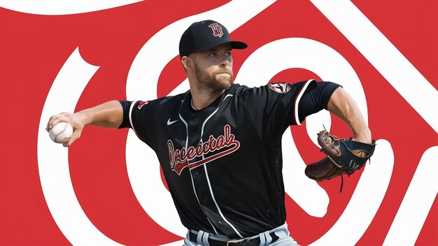 Foto jugador de béisbol lanzador en un uniforme negro practicando y entrenando aislado en un fondo blanco