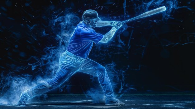 Un jugador de béisbol en un uniforme azul está balanceando el bate con toda su fuerza listo para golpear la pelota entrante dibujo de pintura de luz 4K AI Generative