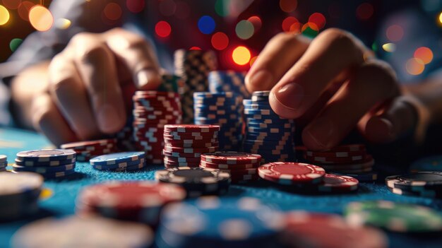 Foto jugador de casino con fichas