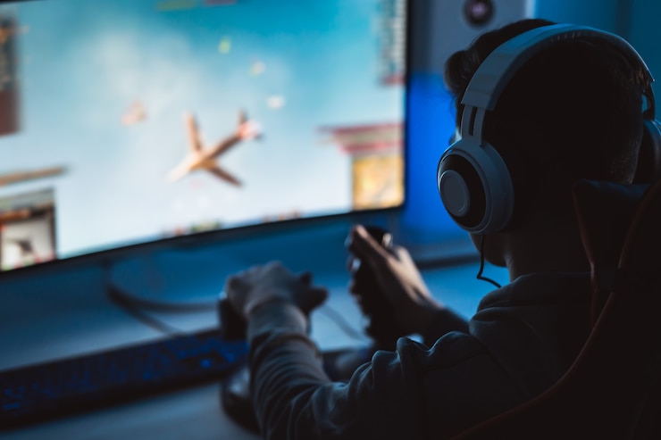 Foto el jugador de chico con auriculares jugando videojuegos en su computadora personal