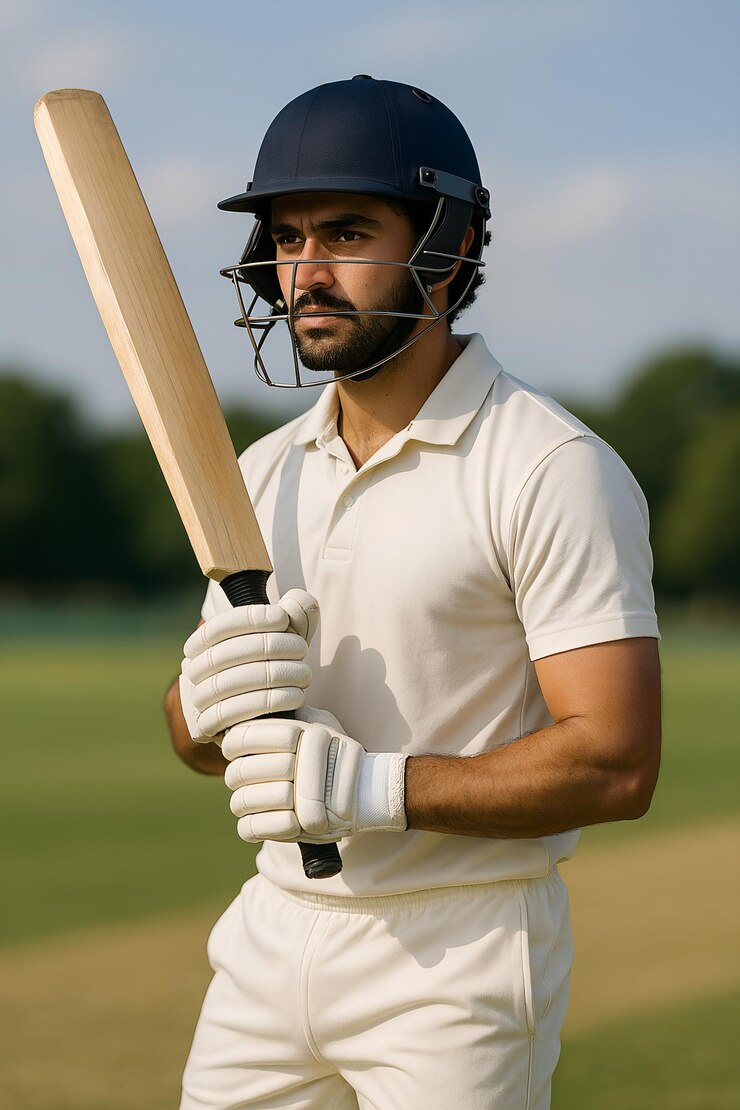 Jugador de cricket en acción con un bate y listo para jugar