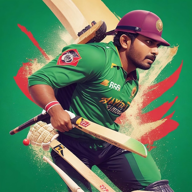 Foto jugador de cricket de bangladesh con una ilustración de lanzamiento de potencia