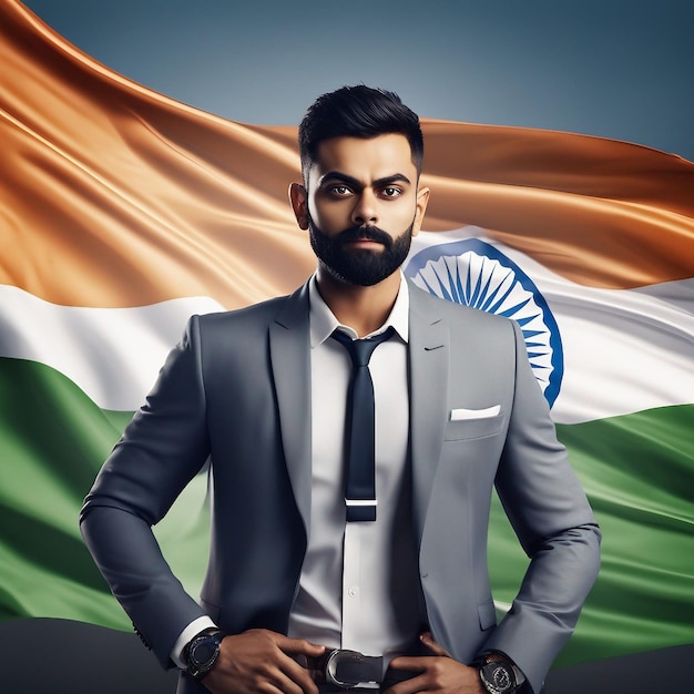 Jugador de críquet virat kohli con bandera india generada por IA