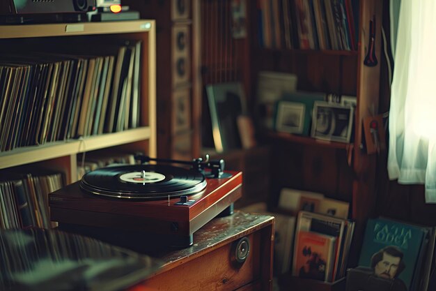 Jugador de discos de vinilo antiguo en una acogedora habitación retro con colección de música