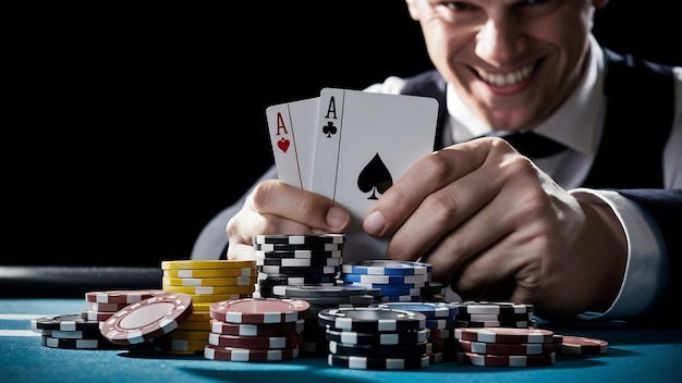 Jugador con dos ases jugando cartas cerca de fichas en fondo negro