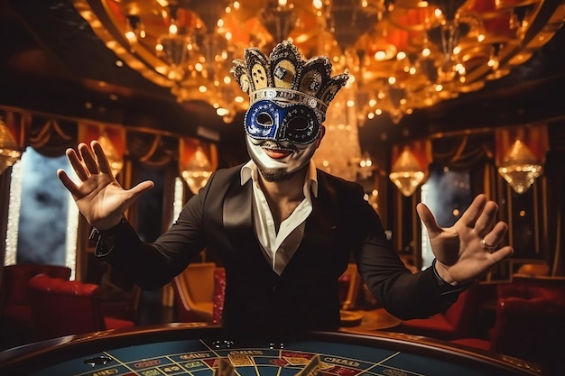 Jugador enmascarado feliz en casino AI generado