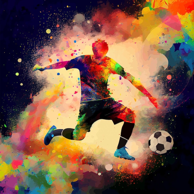 Jugador de fútbol abstracto pateando la pelota jugador de fútbol colorido