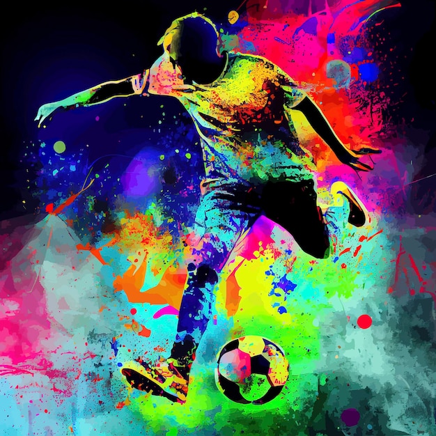 Foto jugador de fútbol abstracto pateando la pelota jugador de fútbol colorido