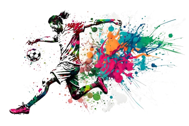 Jugador de fútbol en acción con arco iris acuarela salpicaduras aisladas fondo blanco red neuronal generada arte