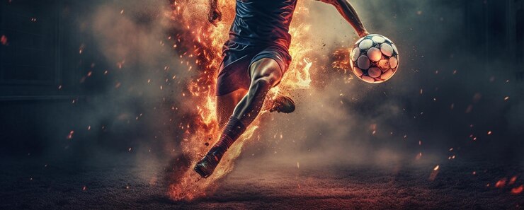 Jugador de fútbol en acción sobre fondo oscuro con ai firegenerative