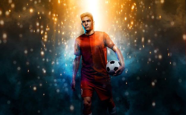 Foto jugador de fútbol adolescente jugador de fútbol niño en ropa deportiva de fútbol después del juego con la pelota concepto deportivo