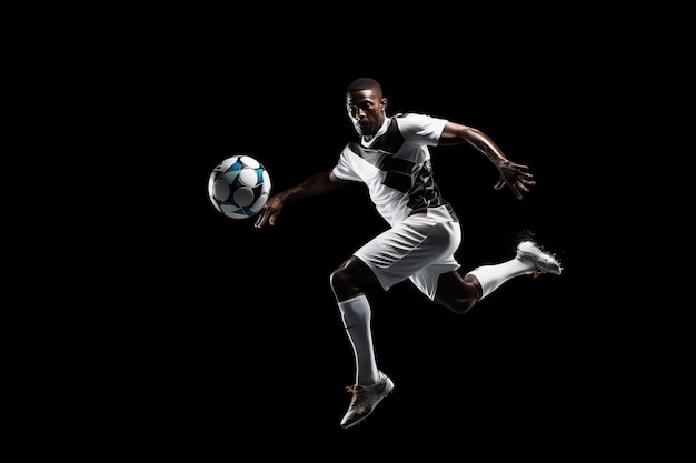 Jugador de fútbol en el aire pateando una pelota sobre un fondo negro Generado por IA