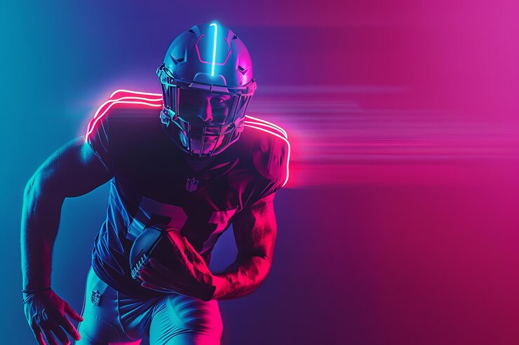 Jugador de fútbol americano en acción con luces de neón vibrantes en el campo