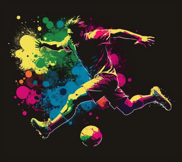 Jugador de fútbol Araffe en acción con una pelota frente a un fondo colorido generativo ai