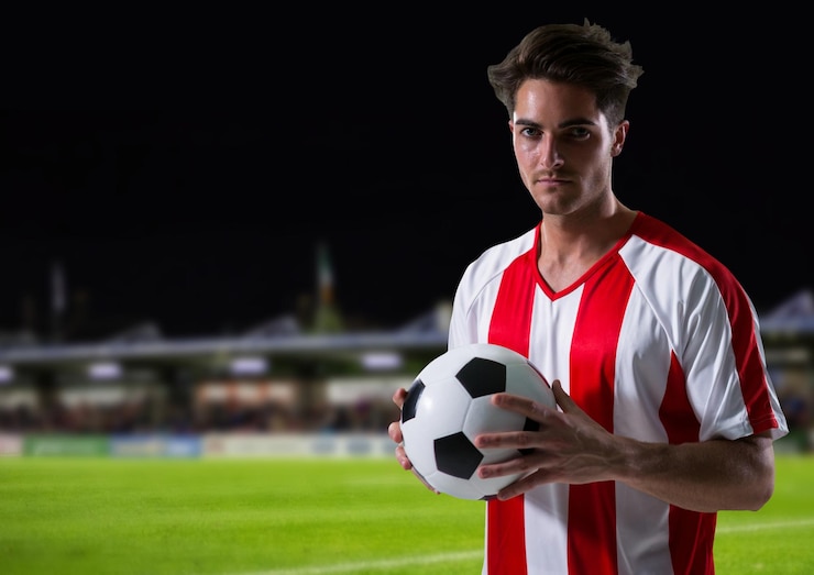 Foto jugador de fútbol con el balón en las manos en el campo por la noche
