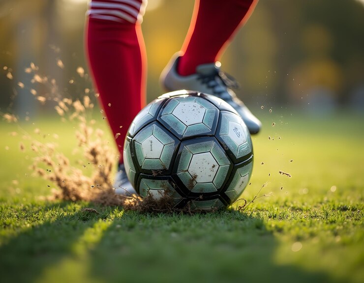 un jugador de fútbol con calcetines rojos y una pelota de fútbol con tierra volando por el aire