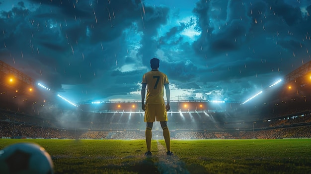 Foto un jugador de fútbol con una camiseta amarilla está de pie en un campo frente a una multitud