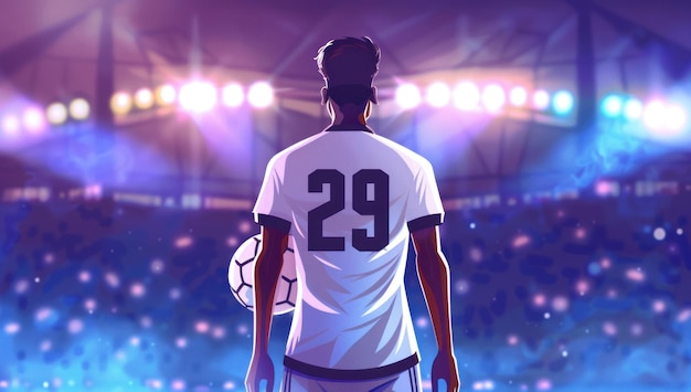 Jugador de fútbol en camiseta blanca con el número 29 se encuentra en el campo bajo las luces del estadio listo para el juego