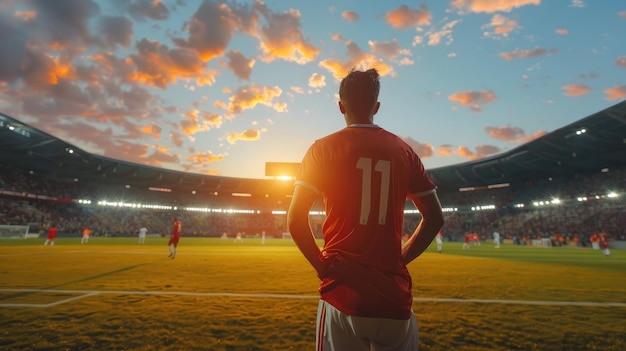 Un jugador de fútbol con una camiseta roja con el número 11 de pie en un campo con