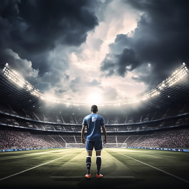 Jugador de fútbol en el campo del estadio por la noche