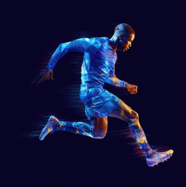 Un jugador de fútbol de carrera rápida con luz azul proveniente de su cuerpo.