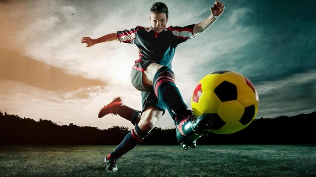 Jugador de fútbol confiado con pelota jugando al fútbol.