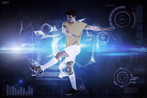 Jugador de fútbol contra el fondo tecnológico brillante