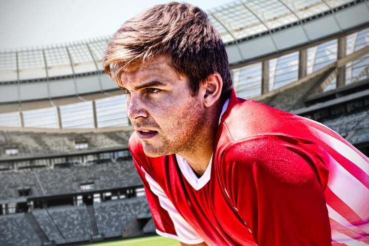 Jugador de fútbol contra la portería de rugby en un día soleado en el estadio