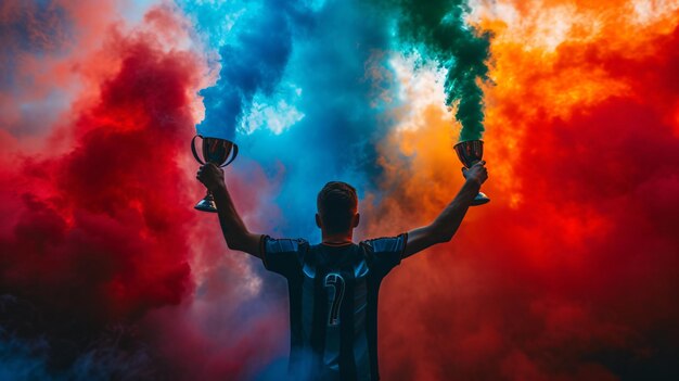 jugador de fútbol con la copa en las manos sobre un fondo de humo de colores