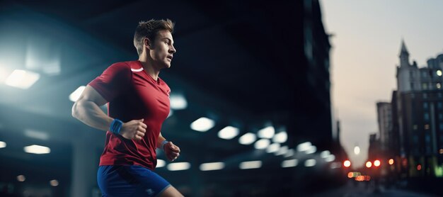 Foto jugador de fútbol corre en el crepúsculo urbano entrenando para el estilo de vida deportivo del juego